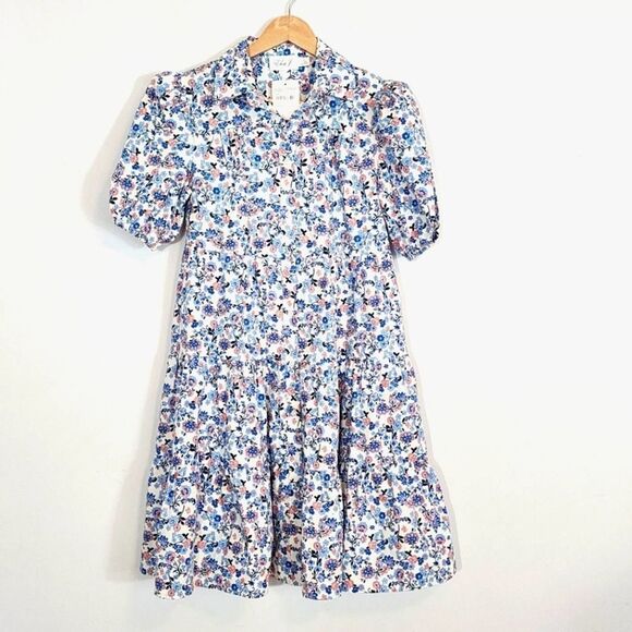 NWT Eliza J Floral Button Front Tiered Puff Sleeve 100% Cotton Shirt Dress SZ 0 - Picture 1 of 10